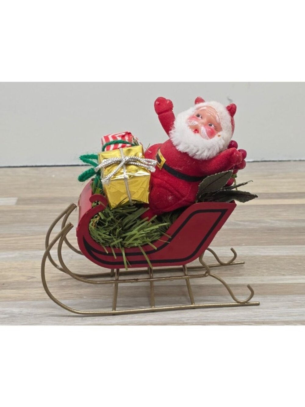 Vintage Flocked Santa in Sleigh Carrying Gifts Retro Tabletop Christmas Decor